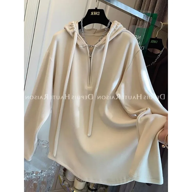 ソリッドカラーのプルオーバーフード付きスウェットシャツ、女性用、秋と冬、厚みのあるジッパー付き長袖スポーツカジュアルトップ