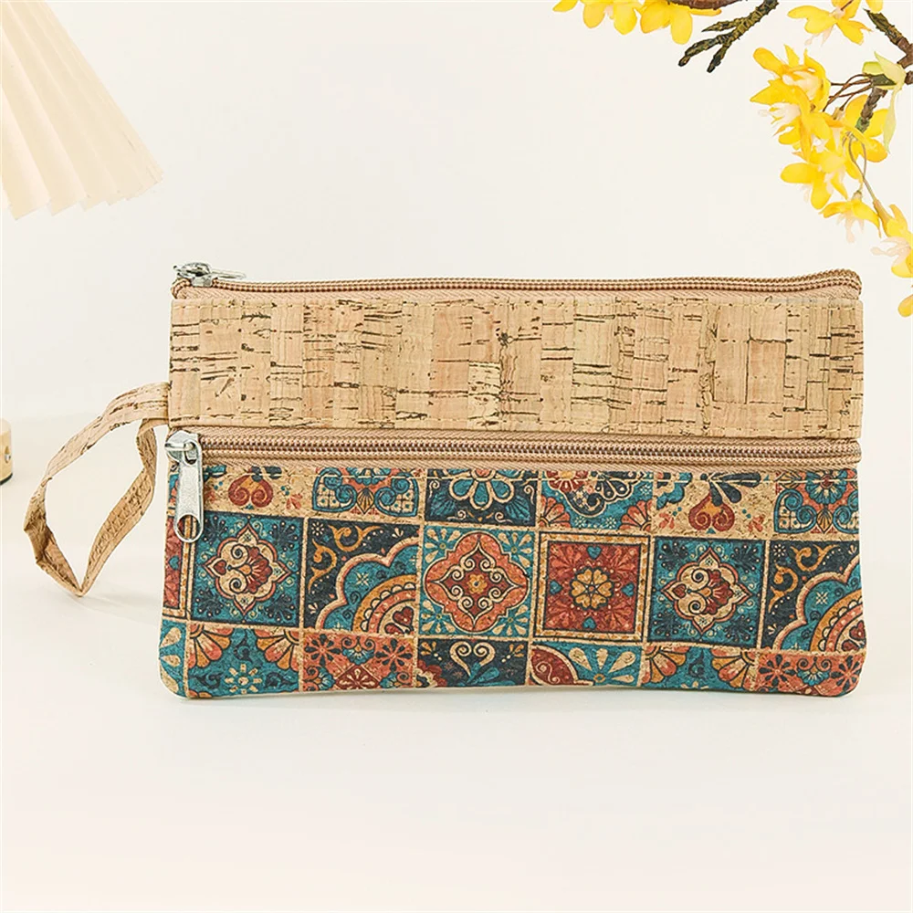 Retro Cork Print Women Purse Portable Phone Pouch  With Wrist Strap Double Layer  Wallet Zipper Key Money Bag Vintage Clutch Bag