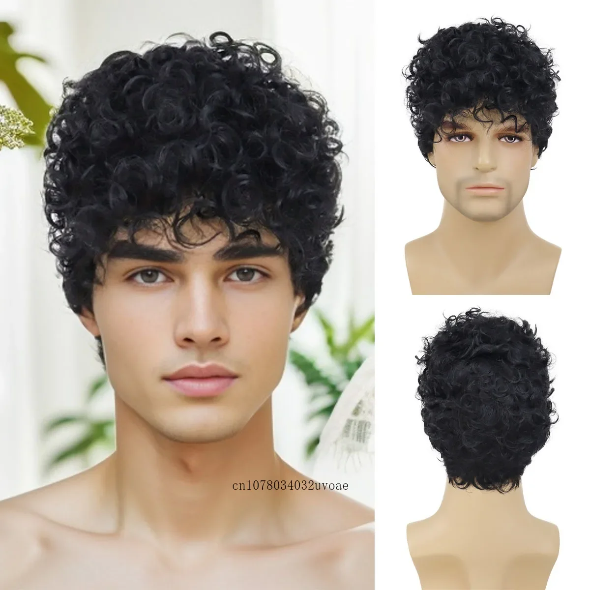 Synthetic Short Black Wig for Men Afro Messy Perm Curly Haircut Trendy Handsome Cool Wig with Bangs Daily Cosplay Party Carnival