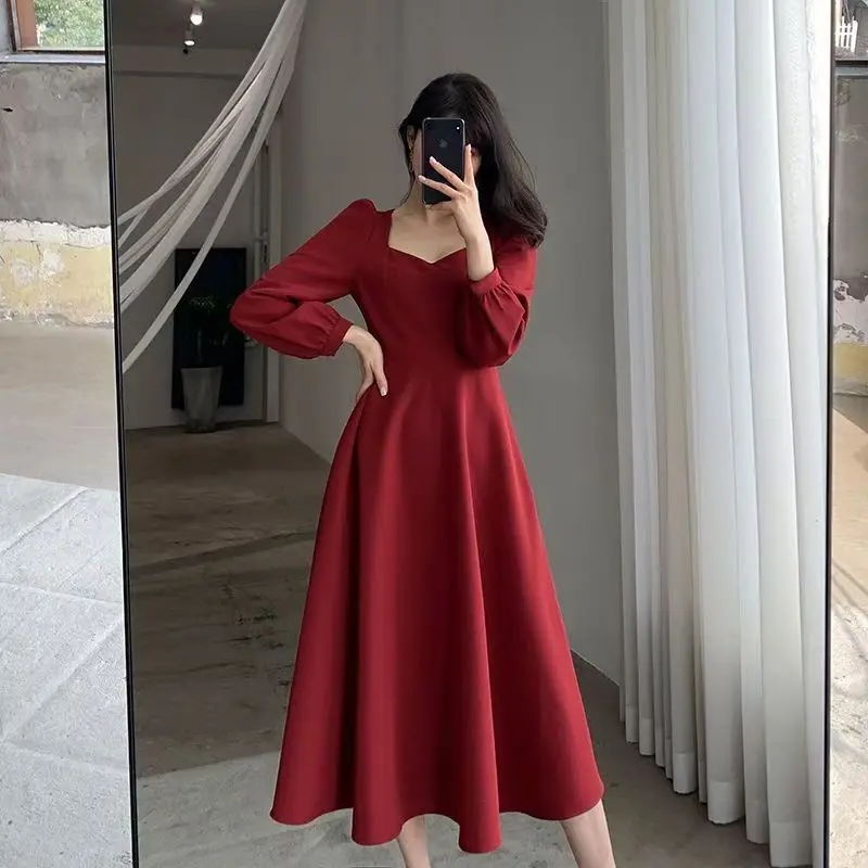 

Женское черное платье Hebe Style, осенне-зимнее, новое, в стиле ретро, с V-образным вырезом, длинное, ниже колена, элегантное, черное, с длинной юбкой