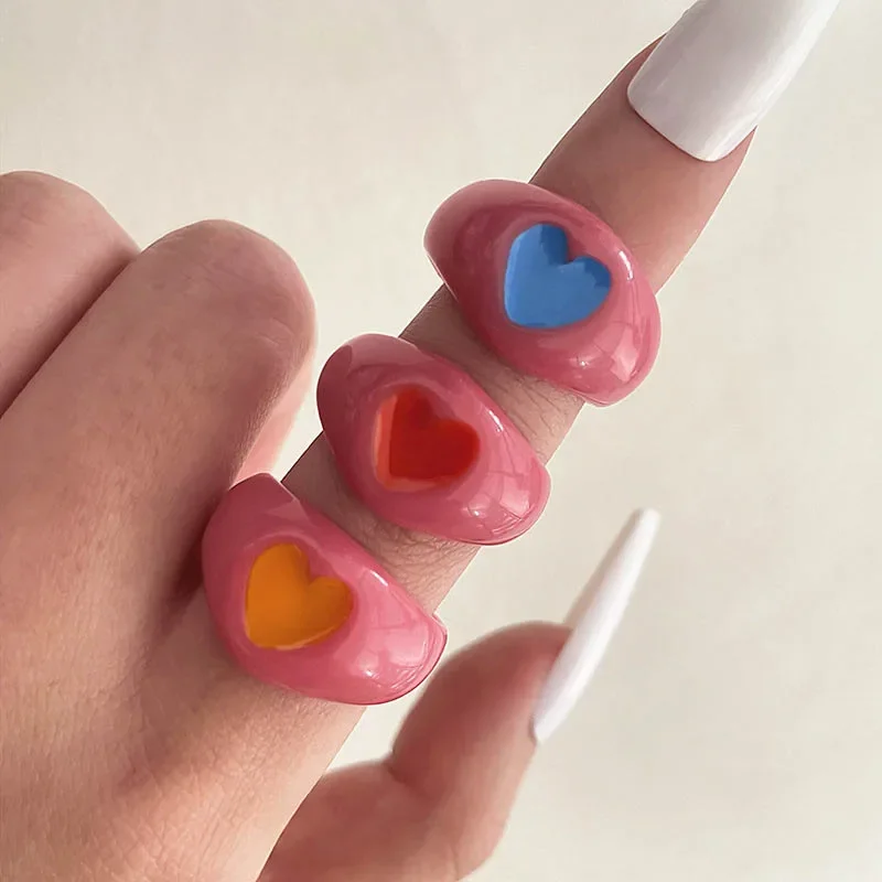 

6PCS/Sets Large Heart Rings Eight Diagrams for Women Girls Korean Ins Style Acrylic Colorful Love Ring Fashion Jewelry Gift