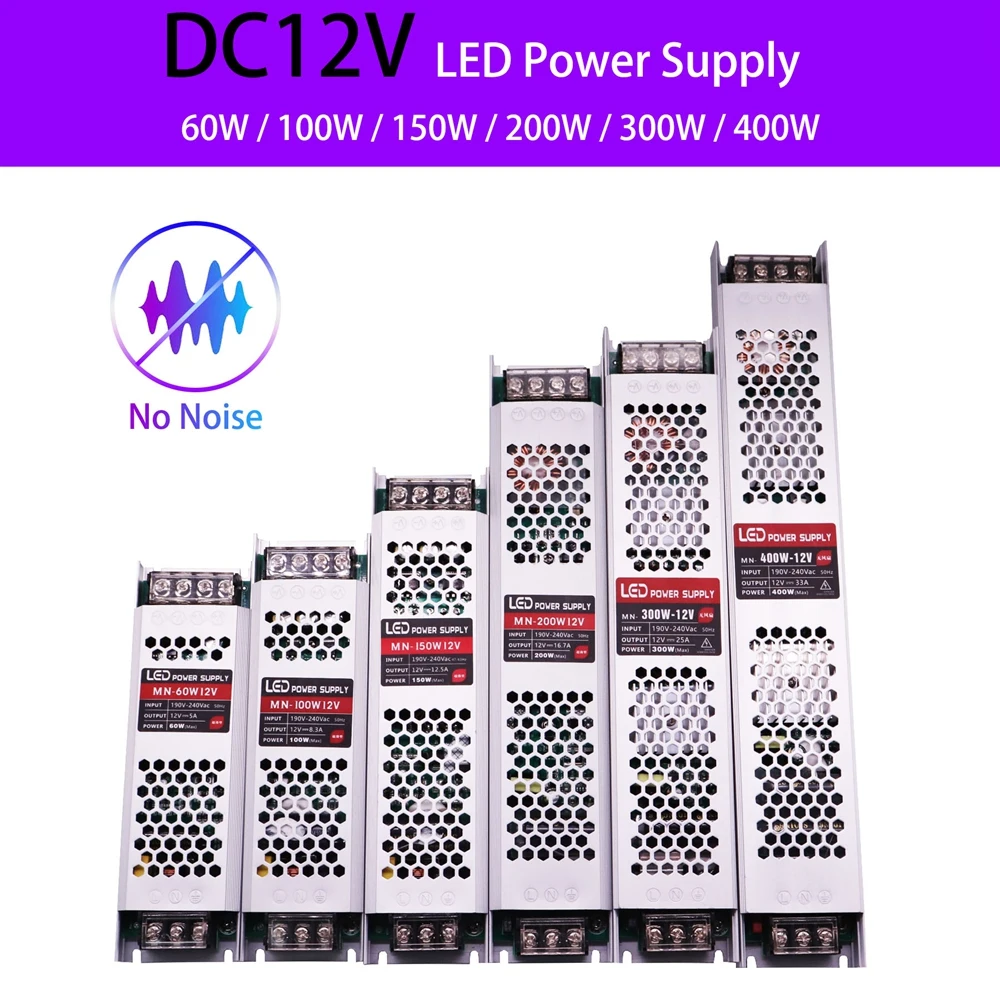 Ultra Thin LED Power Supply DC12V/24V Lighting Transformers AC190-240V Driver 60W 100W 150W 200W 300W 400W For LED Strips