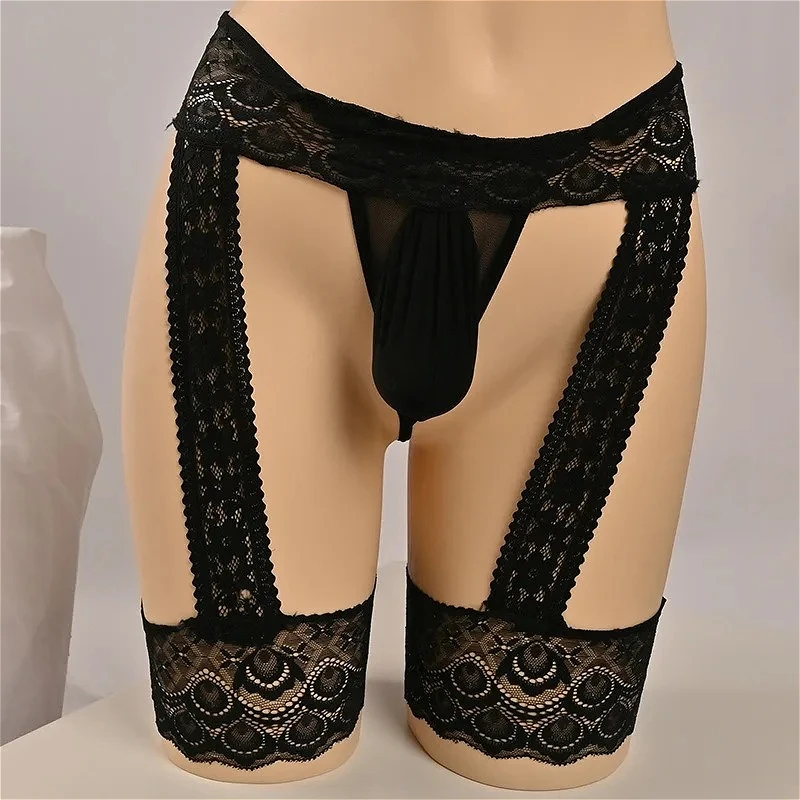 Lace Sexy Lingerie Men's Garters Bugle Pouch Thong Sissy Erotic T-Panties Perspective Men Breathable Gay Clothes Трусы Мужские