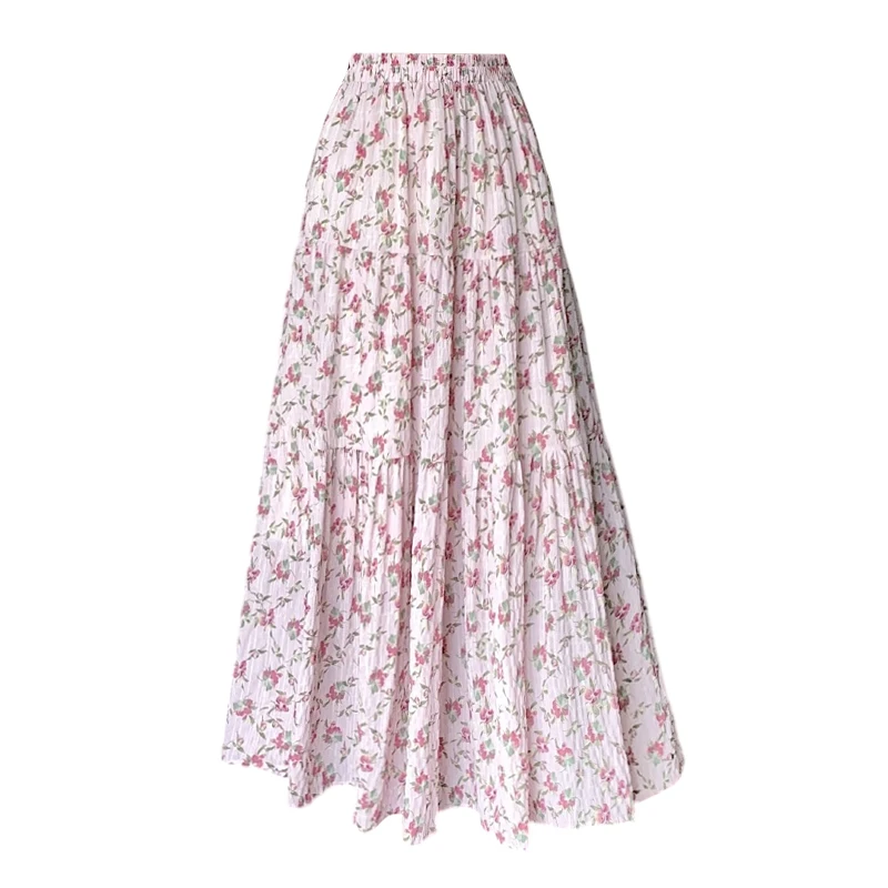 Jupe longue élastique taille haute pour femmes, Slim, de haute qualité, Style Prairie Chic, douce, grand ourlet, motif Floral, nouvelle collection printemps été 2025