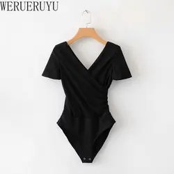 Seksowne eleganckie body damskie letnie ubrania z krótkim rękawem koszulka z dekoltem w serek topy białe czarne kombinezony Bodycon Streetwear dla kobiet