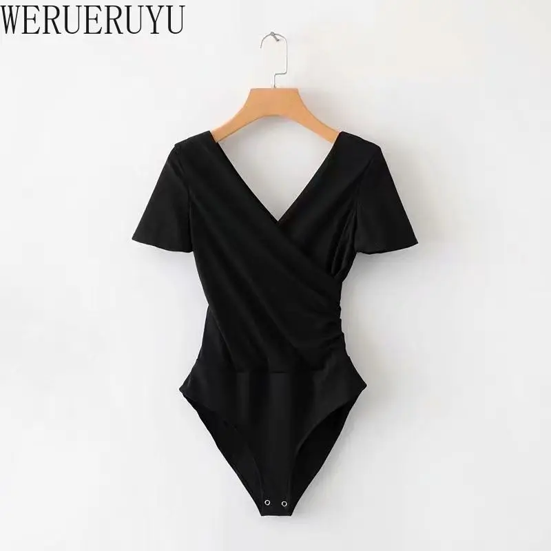 Seksowne eleganckie body damskie letnie ubrania z krótkim rękawem T-shirt z dekoltem w kształcie litery V topy biała czarna odzież uliczna obcisłe kombinezony dla kobiet