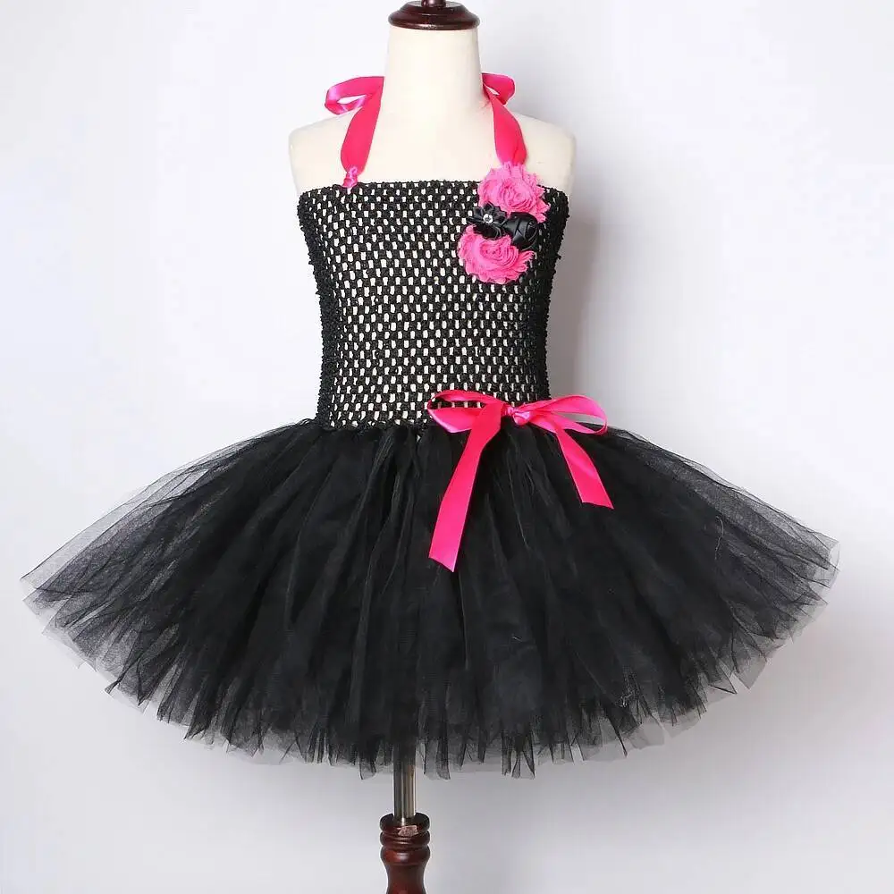 Baby Girls Hot Pink Black Cat Costumes for Kids Animal Halloween Outfit Little Kitty Ballet Tutu Dress with Ears Bowtie Tail Set