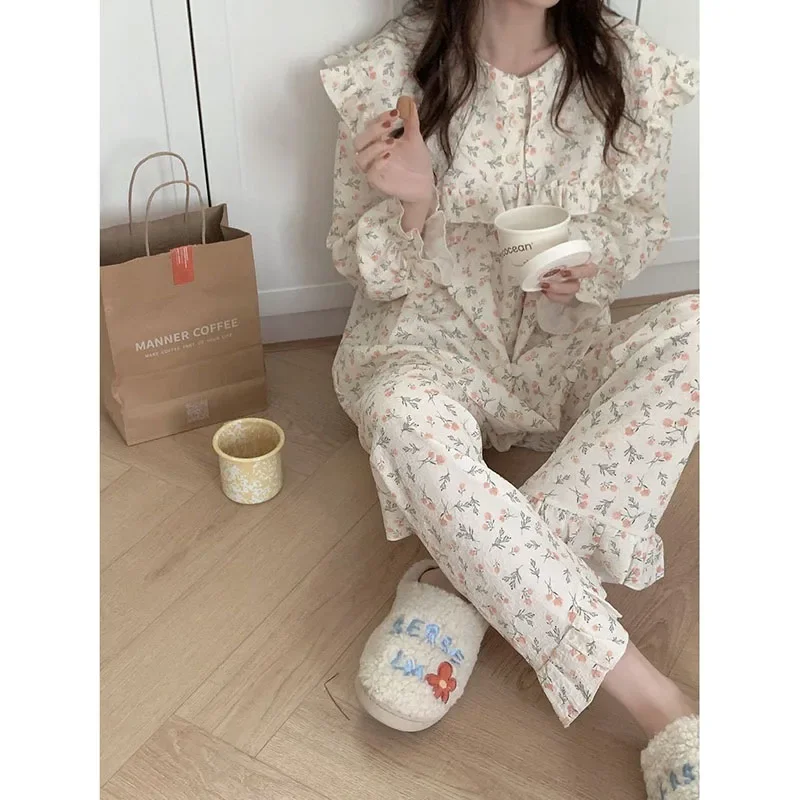 Floral Print Sleepwear Women Pajama Suit Fashion Ruffles Spring Long Sleeve Sets for Women 2 Pieces Korean Piiama Pants 2024 New