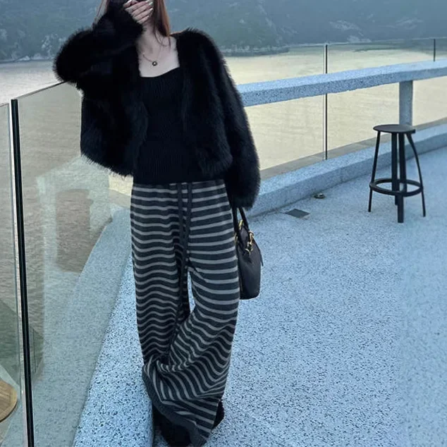 Women Wool Knitted Casual Stripe Loose Wide Leg Pants Autumn Spring Comfortable Warm Black White Pattern Y2k Pants Streetwear