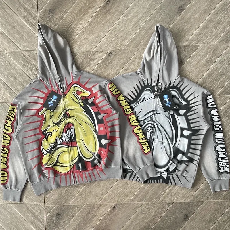 24SS Oversized Hip-Hop Hooded Jacket Men Women Best Quality Bull Dog Zip Up Hoodie