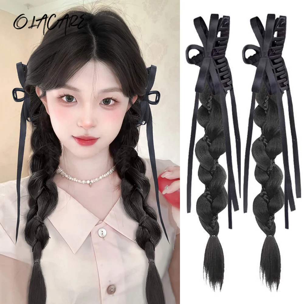 2PCS Side-Tie Synthetic Twist Braid Hair Extensions With Black Butterfly Knot Clips Lazy Claw Clip Braided Ponytail Wig Hairpiec