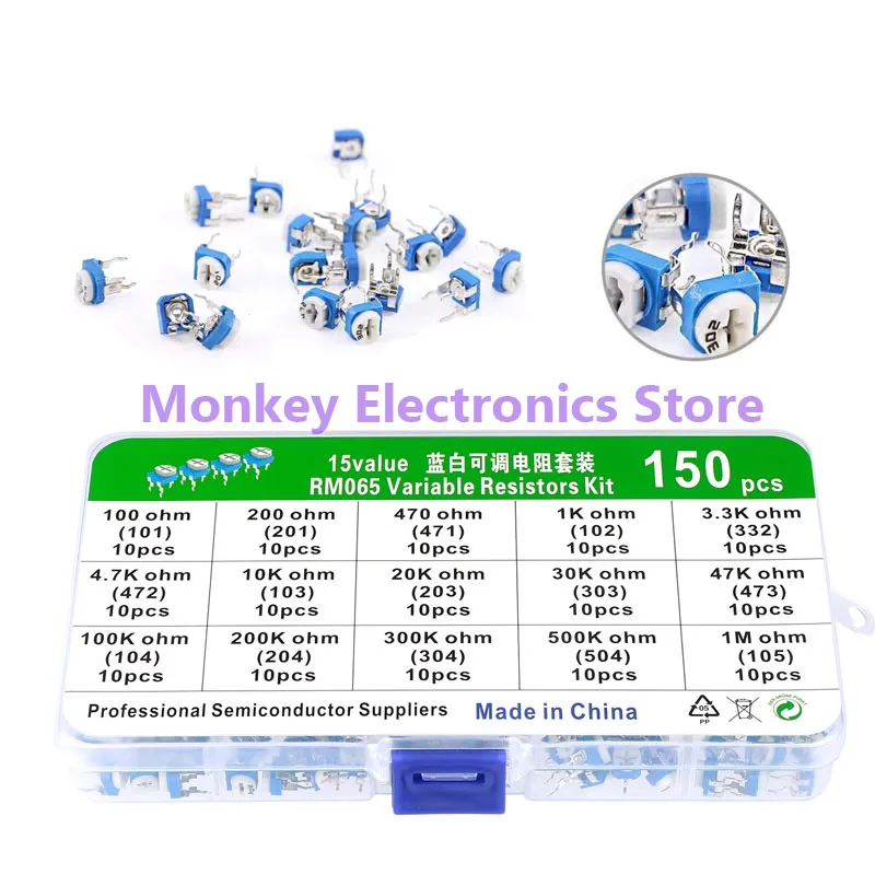 150pcs RM065 Horizontal Adjustable Resistor Set Blue & White RM065 100R 200R 1K 10K 100K 1M 300K 500K 15value*10pcs