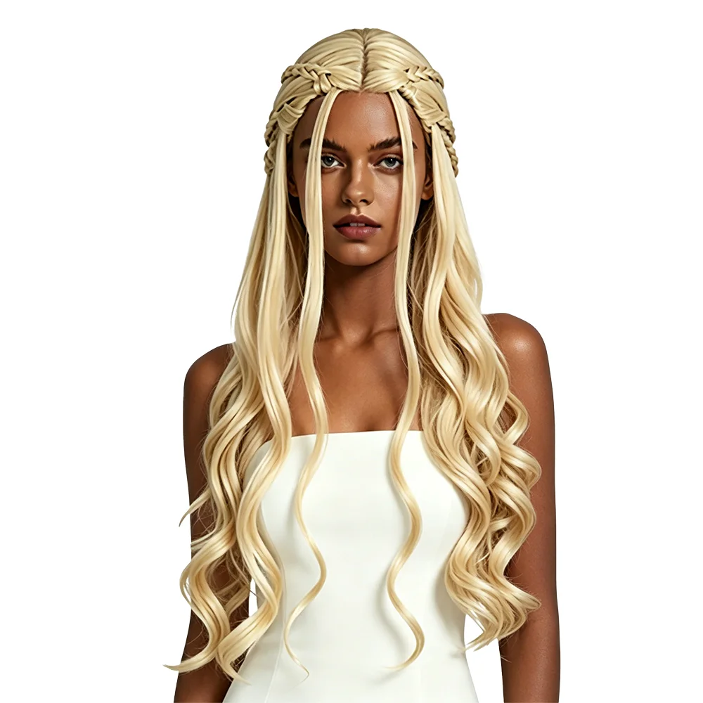 Braided Light Blonde Long Wavy Synthetic Wig For Black Women African American Pre-Styled Heat Resistant Glueless Full Head Wig