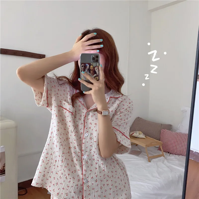 Cherry Print Summer Pajamas Set Cotton Sweet Two Piece Home Suit Kawaii Ins Sleepwear Casual Home Suit Shirts + Shorts