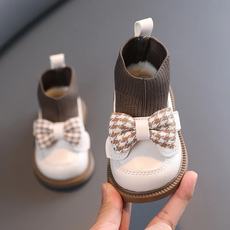 Winter Infant Girl\'s Sock Boots Chunky Bow Elegant Cute Children Casual Knitted Short Boot  Toddler Girl Patent Leather Shoes