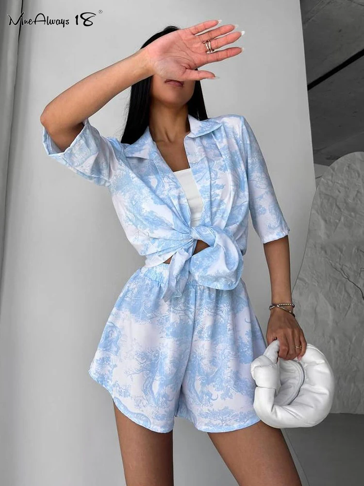 Mnealways18 Blue Printing Shorts Suits Two Pieces Womens Summer 2024 Turn Down Collar Shirts And Wide Legs Shorts Casual Outfits