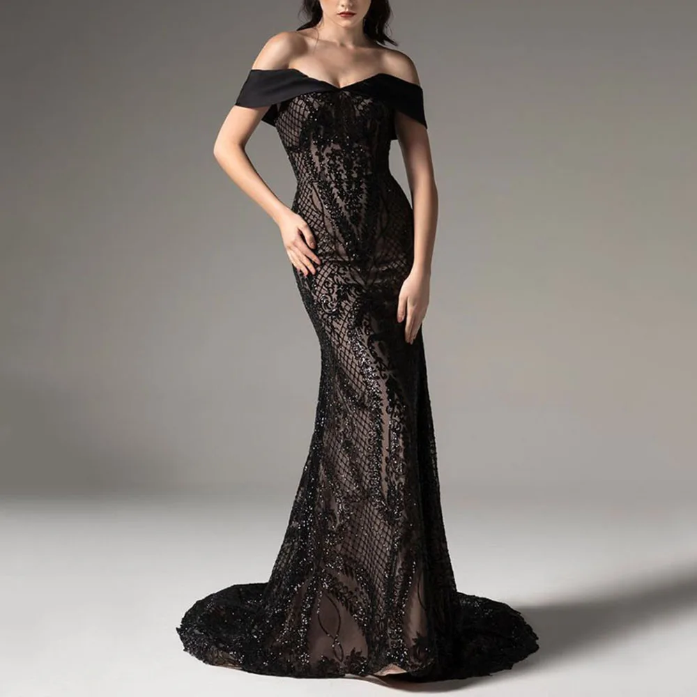 Formal Black Evening Party Dresses Trumpet Floor Length Sleeveless Backless Sexy Lace Slim Fit High Quality Women Prom Gowns