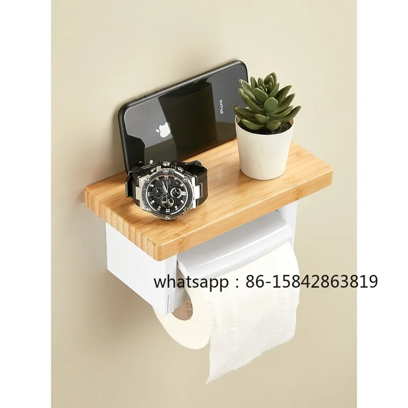 

No-Drill Toilet Paper Holder, Japanese Style Solid Wood Wall Hanging Tissue Rack, Punch-Free Roll Holder for Bathroom Restroom