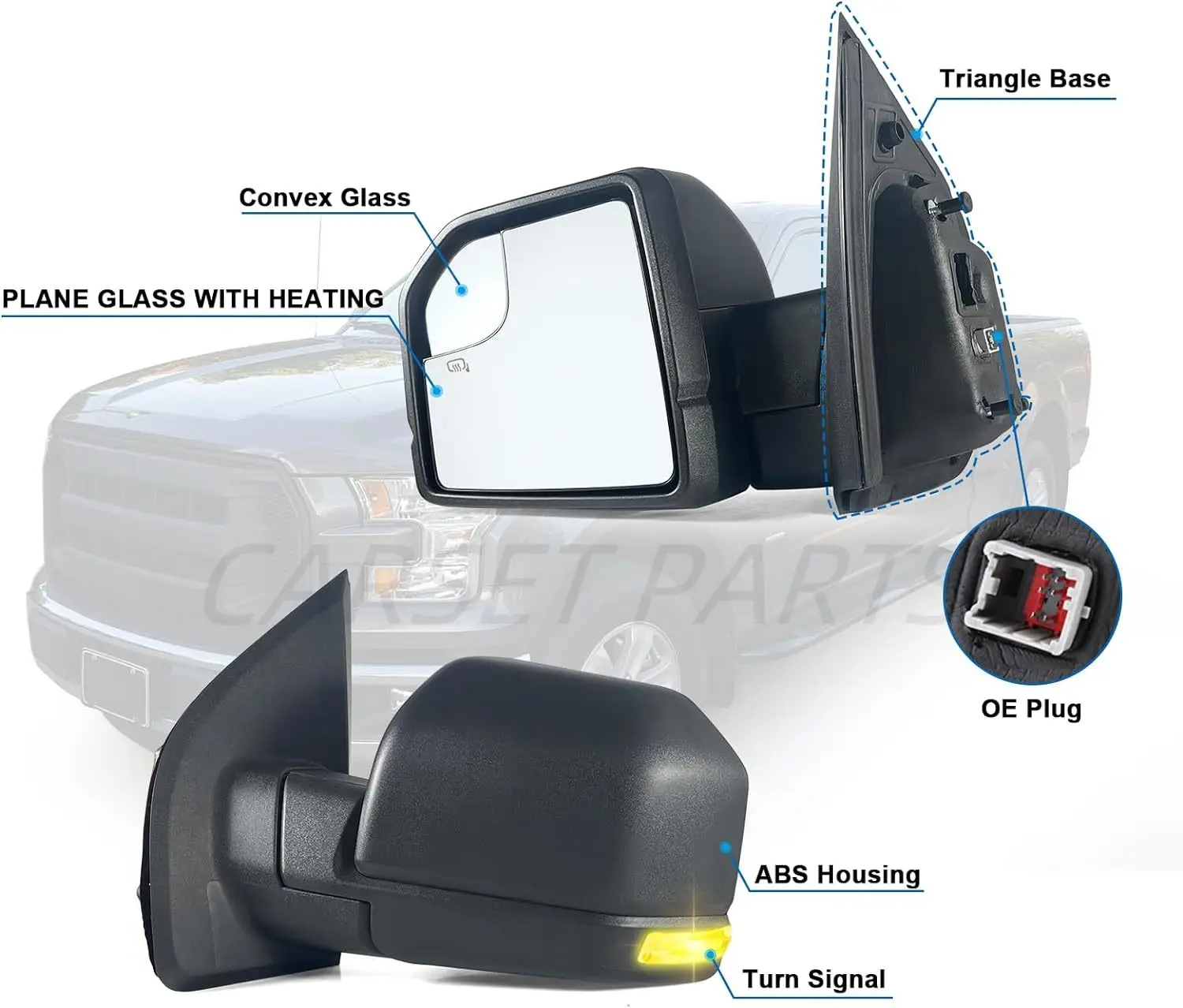 Side Mirror Assembly for Ford  F150 2015-2020 6 Pins with Power Glass Heated Signal Light Manual Folding  FL3Z17682CB