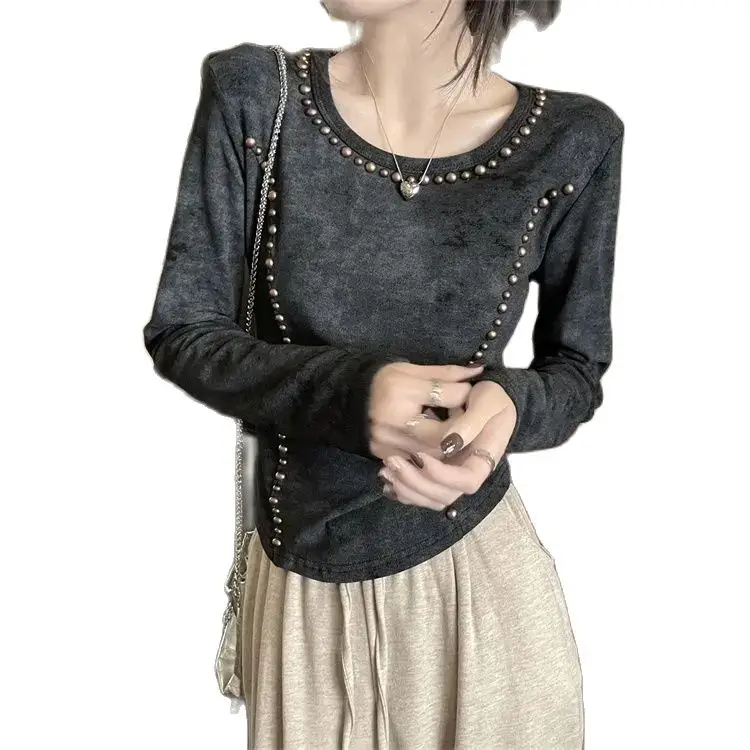 Sense Of Design Short T-Shirt Nail Bead Women High Street Spicy Girls Slim Fashion Long Sleeve All-Match Spring Chic Style New