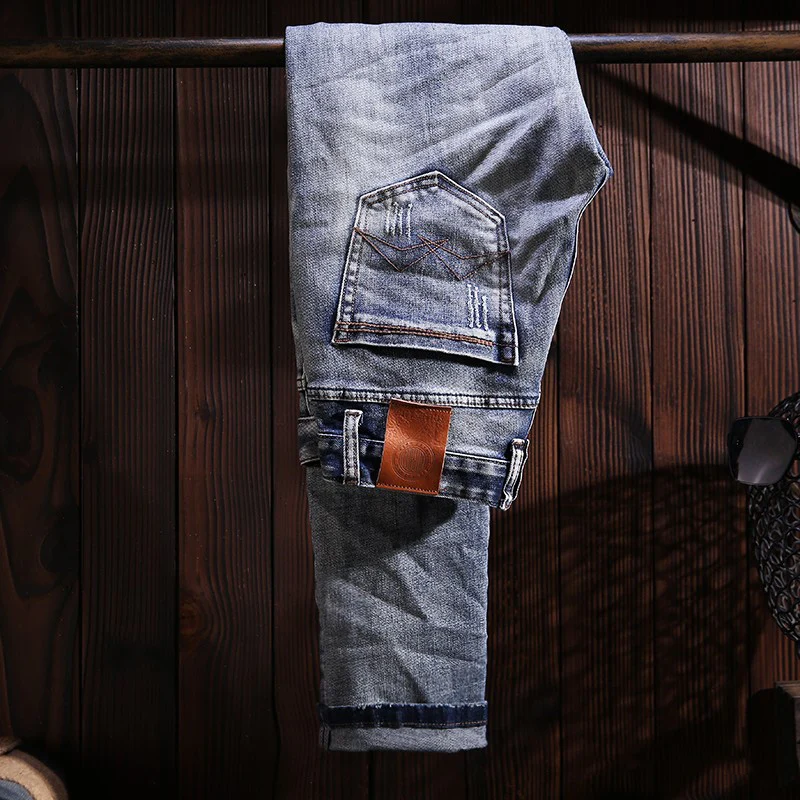 Street Fashion Vintage Men Jeans High Quality Retro Blue Stretch Slim Fit Ripped Jeans Men Patched Designer Denim Pants Hombre