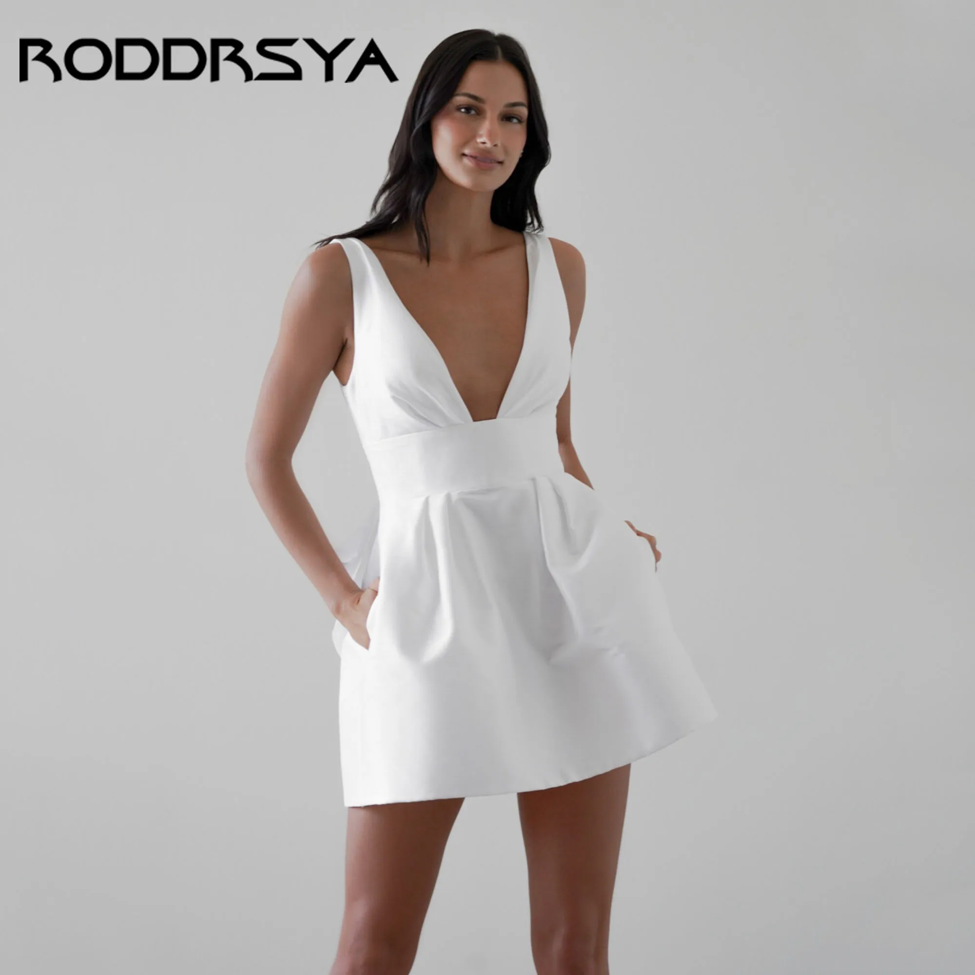 

RODDRSYA Short Bridal Party Dress Sexy Deep V-Neck A-Line Satin Wedding Gowns Simple Bow Sleeveless vestidos de novia Customized