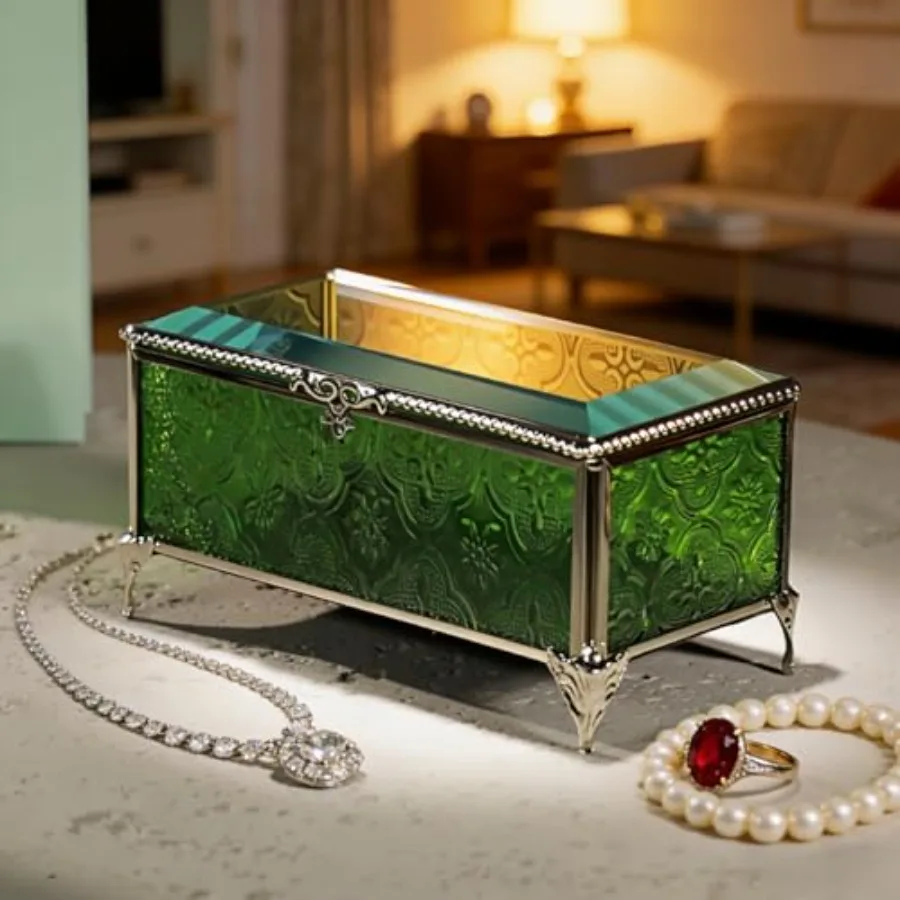 

Glass Vintage Jewelry Box Keepsake storage Trinket Ring Display Box Home Decor Embossed Clear Glass Box Organizer 6.5x3.5x3.3In