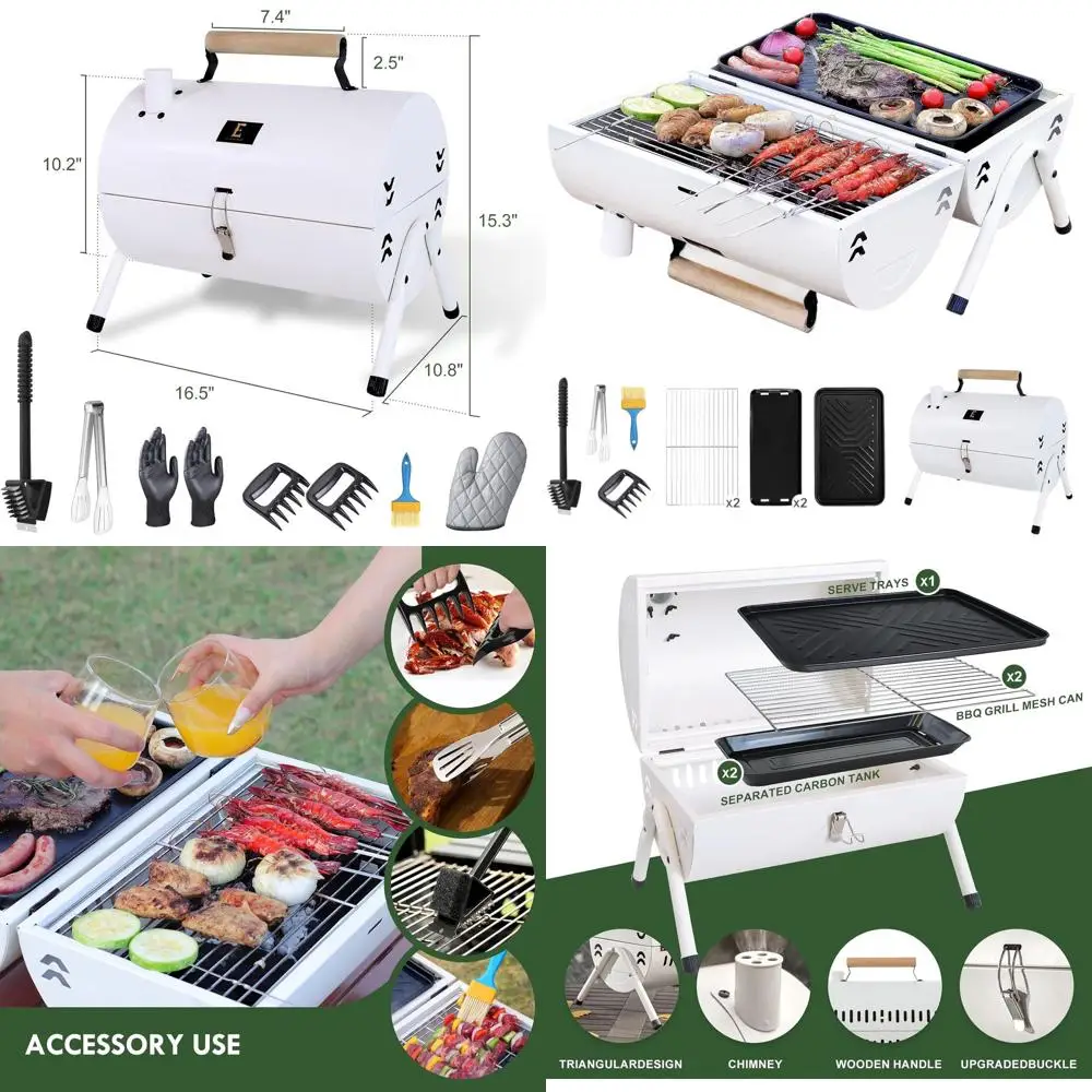 

Double-Sided Portable Charcoal Grill Set with Folding Stand, BBQ Pan, Net, and 6-Piece Tool Kit for Outdoor and Backyard Grillin