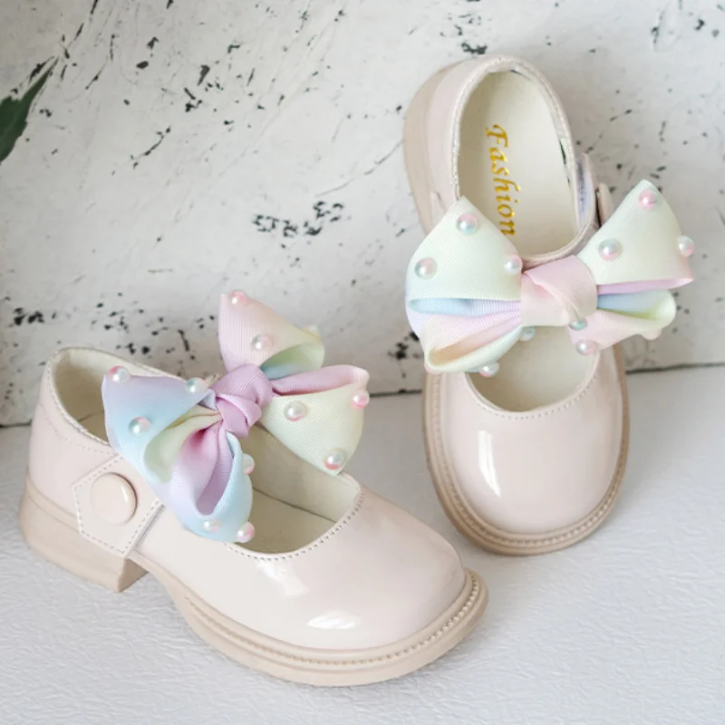 Children Shoes 2023 Spring New Colored Pearl Bowknot Princess Shoes for Kids Girls Fashion Cute JK Baby Girl Shoes Mary Janes