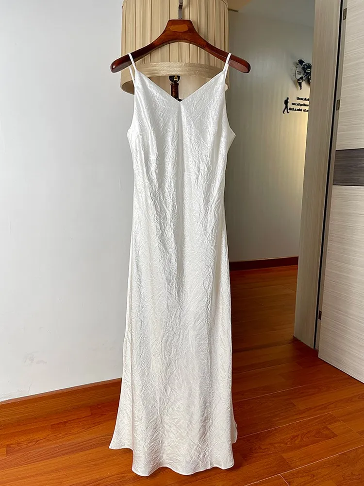 Vestido de Seda y Satén para Mujer, Corte Entallado, Verano, Elegante, con Tirantes de Acetato, Plisado, Escote en V, Estilo Svel