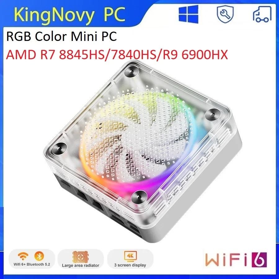 Kingnovy AMD Ryzen 7 8845HS 7840HS Mini PC Gamer DDR5 NVMe SSD 6900HX Mini Computer RGB Color Windows 11 4K gaming Desktop WiFi6