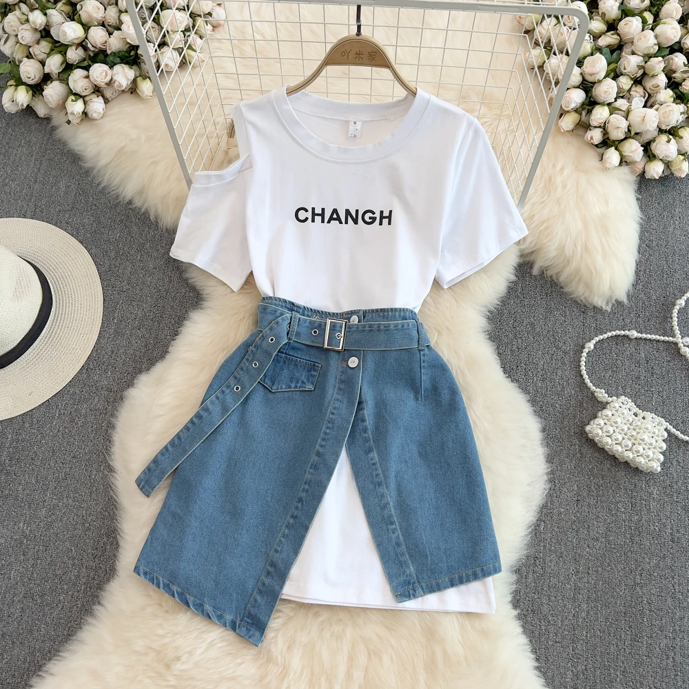 Off The Shoulder TShirt Denim Skirt Set Women Round Neck Letter Print Long Tee High Waist Jean Skirt 2Piece Set Female