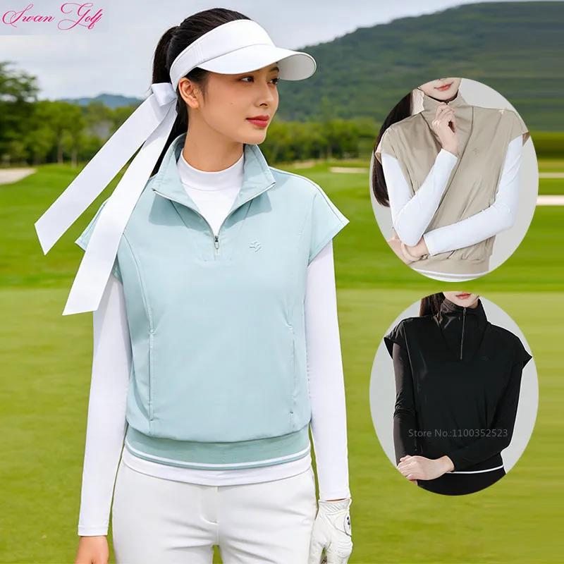 

Новая женская футболка для гольфа с длинным рукавом, эластичная, с защитой от солнца, спортивный топ, женская рубашка-поло с воротником на молнии, имитация двухслойности, размеры XS-XL