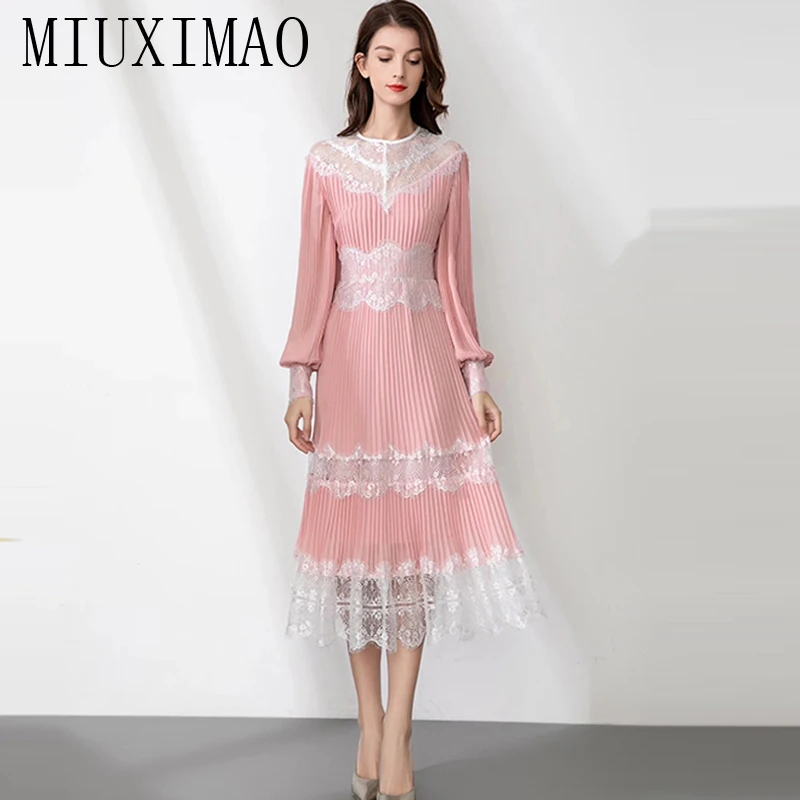 

MIUXIMAO 2023 Fall Woman Clothing Full Sleeve Luxury Folds Lace Flower Fashion Long Elegant and Pretty Women's Dresses