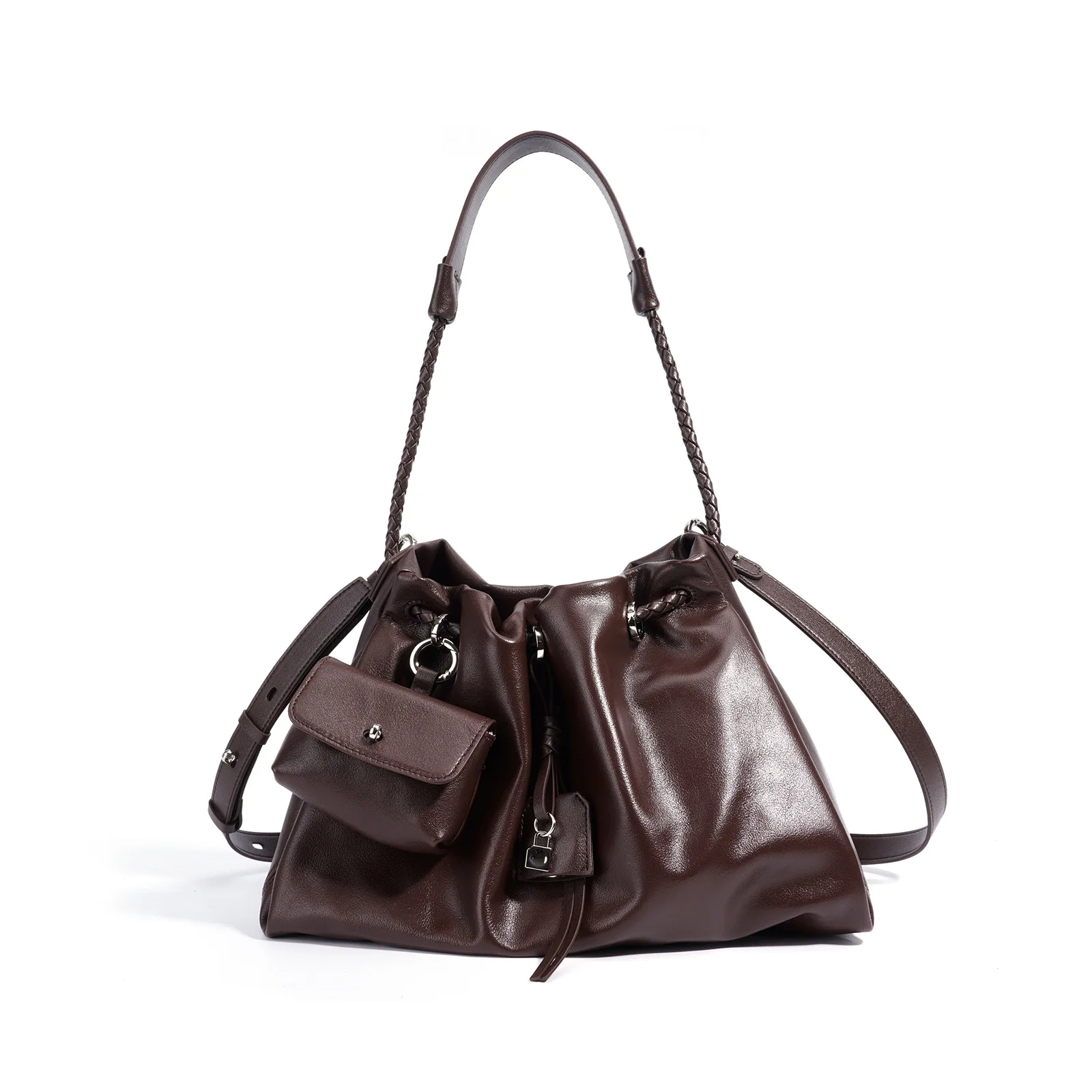 

New Designer String Close Cludy Pouch Genuine Cow Leather Underarm Bag Women Handbag with Wallet Long Handle Armpit Shoulder Bag
