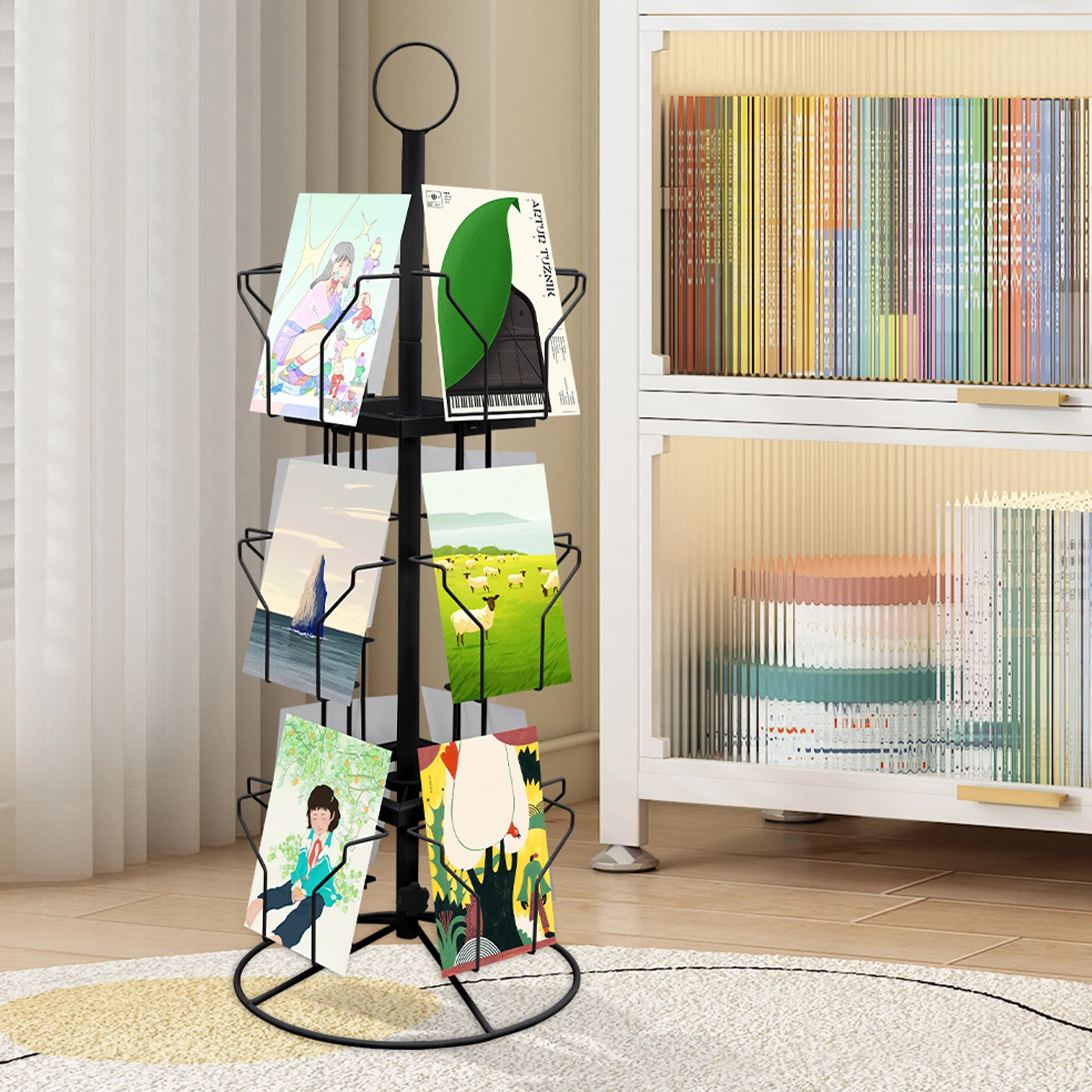 

Черный трехслойный вращающийся держатель для поздравительных открыток из холоднокатаной стали, 12-битный держатель для дисплея, вращающийся на 360 градусов держатель для карточек