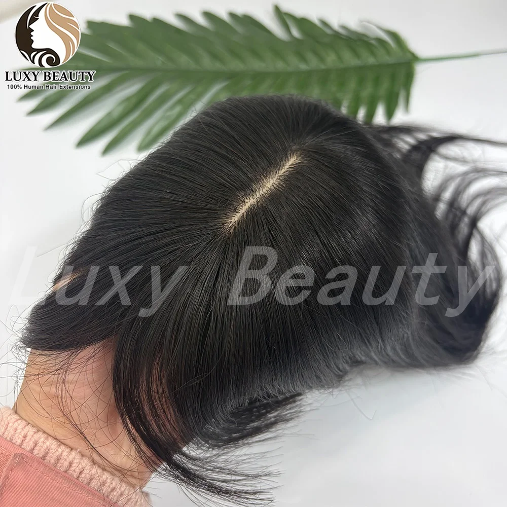 Natural Black Straight Human Hair Toppers With Bangs Women 8cmX12cm Skin Scalp Brown Clip in Topper Hairpieces Human Hair Pieces