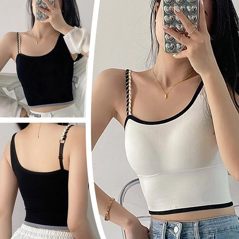 

Sport Solid Color Crop Tops Sports Spaghetti Strap Tanke Top Women Built In Bra Off Shoulder Sleeveless Camisole Hot