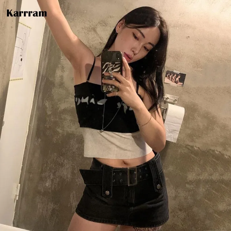 Karrram Korean Fashion Patchwork Camisole Kpop Sexy Slim Tank Top Gothic Grunge Crop Tops Women Y2k Cami Top Streetwear Summer