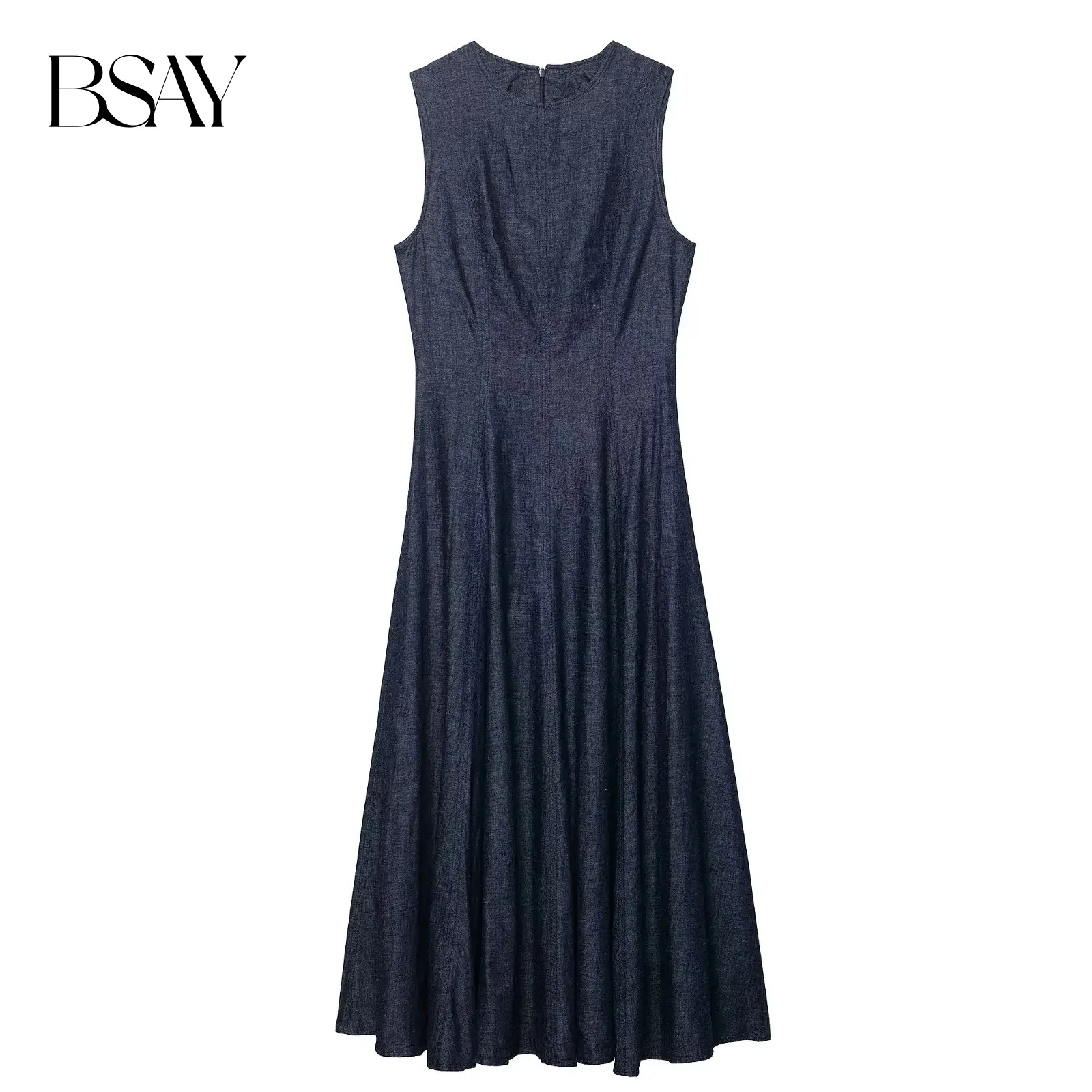 BSAY moda y temperamento minimalista mujer otoño nuevo artículo 2025 sin mangas cuello redondo cintura adelgazante vestido Midi de mezclilla
