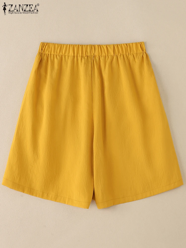 ZANZEA-pantalones cortos Vintage de verano para mujer, pantalones de cintura alta elástica con bolsillos, pantalones de pierna ancha de Color sólido, pantalones cortos informales sueltos