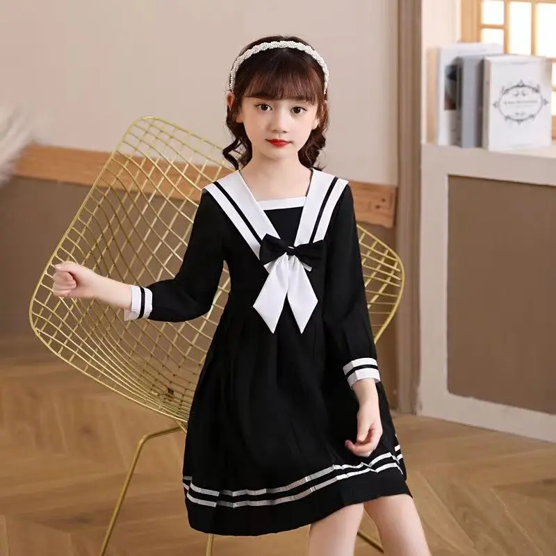 4 6 8 10 12 Spring Autumn Girls\' Dress Navy Collar JK Uniform Long Sleeve Student School Dress Baby Kids Children\'s Clothing