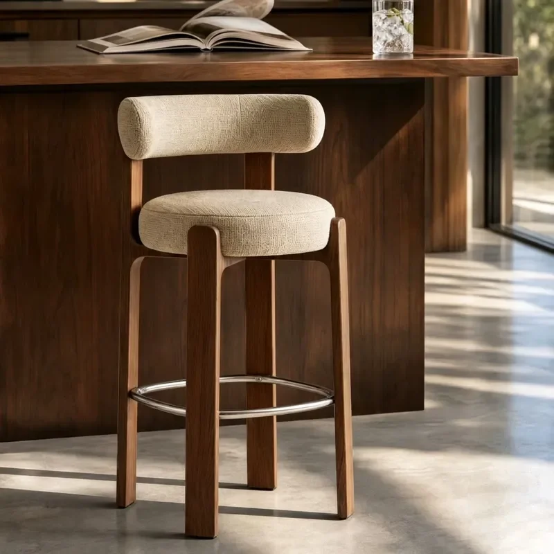 Beige Cotton Linen Stool with Curved Backrest High Chair for Kitchen Island Home Furniture Various Seat Heights Available
