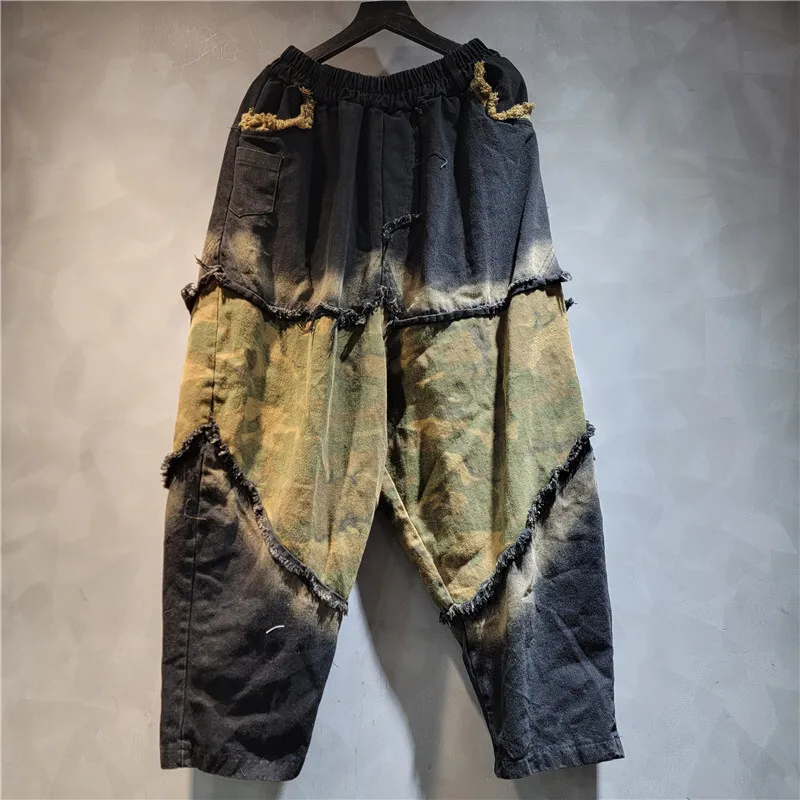 WTHT nueva moda mujer empalmado camuflaje borde rebaba camisa de manga corta cintura elástica pantalones sueltos mujer 2025 verano 1LS1685