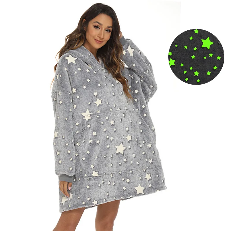 Grey Five-pointed Star Luminous Lazy Blanket Flannel Sherpa Cashmere Blanket Leisure Hooded Sweater