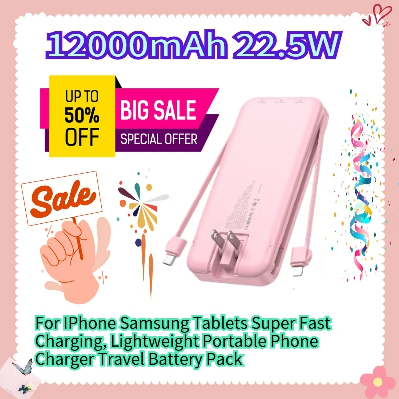 

For IPhone Samsung Tablets 12000mAh 22.5W Super Fast Charging Lightweight Portable Phone Charger Travel Battery Pack