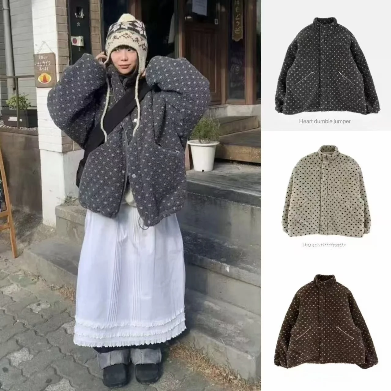 Retro óleo seul zíper coração bolinhas fce leve casaco quente gola senhoras outerwear thiened longo sve casaco