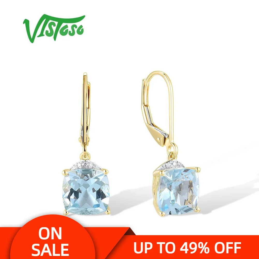 

VISTOSO Аутентичные серьги-крючки из желтого золота 14 карат 585, серьги-крючки для женщин, сверкающие бриллианты, небесно-голубой топаз, элегантные подарки для вечеринок, ювелирные украшения