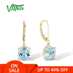 VISTOSO Authentic 14K 585 Yellow Gold Hook Earrings For Women Sparkling Diamond Sky Blue Topaz Elegant Party Gifts Fine Jewelry