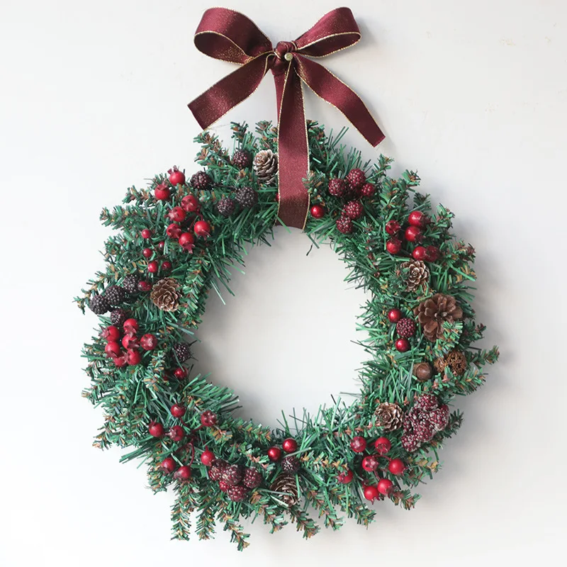 Christmas rattan foam red fruit PE leaf decorative wreath natural pine cone Christmas door pendant